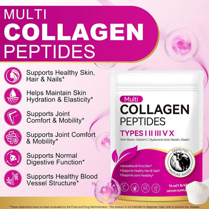 Multi Collagen Peptides Powder | Types I, II, III, V, X | 16 Oz (41 Servings) Hydrolyzed Collagen Peptides | Supports Healthy Skin, Joints, Hair, and Nails | Unflavored & Dissolves Easily