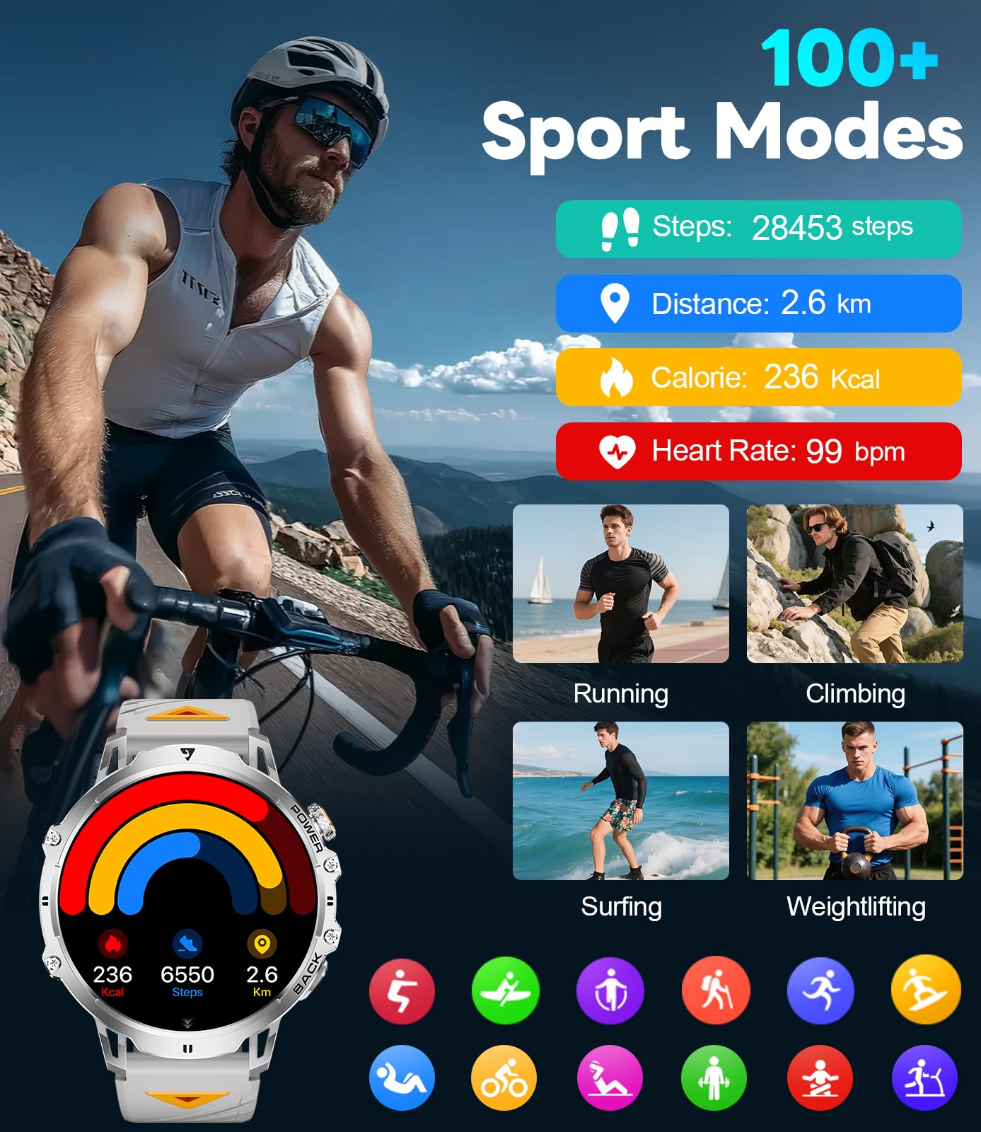 LIGE Military Smart Watches for Men(2 Bands),1000mAh/1.85" HD Large Screen Smartwatch, Flashlight/110+ Sports Modes/Sleep Monitor, Fitness Tracker Watch for Android iOS,Black