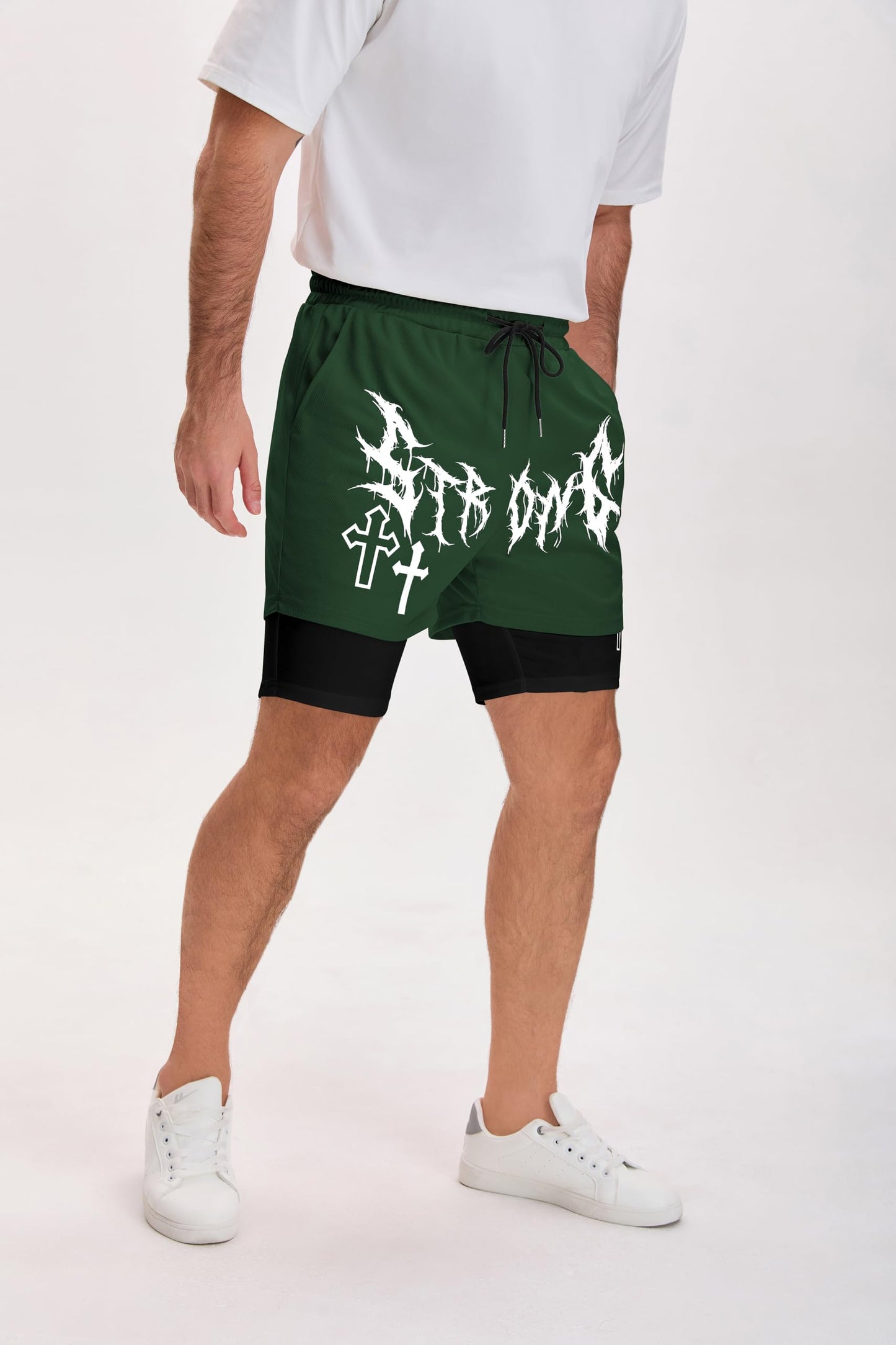 QJQ Men's 2 in 1 Goth Graphic Drawstring Elastic Waist Shorts Summer Casual Workout Athletic Gym Track Shorts