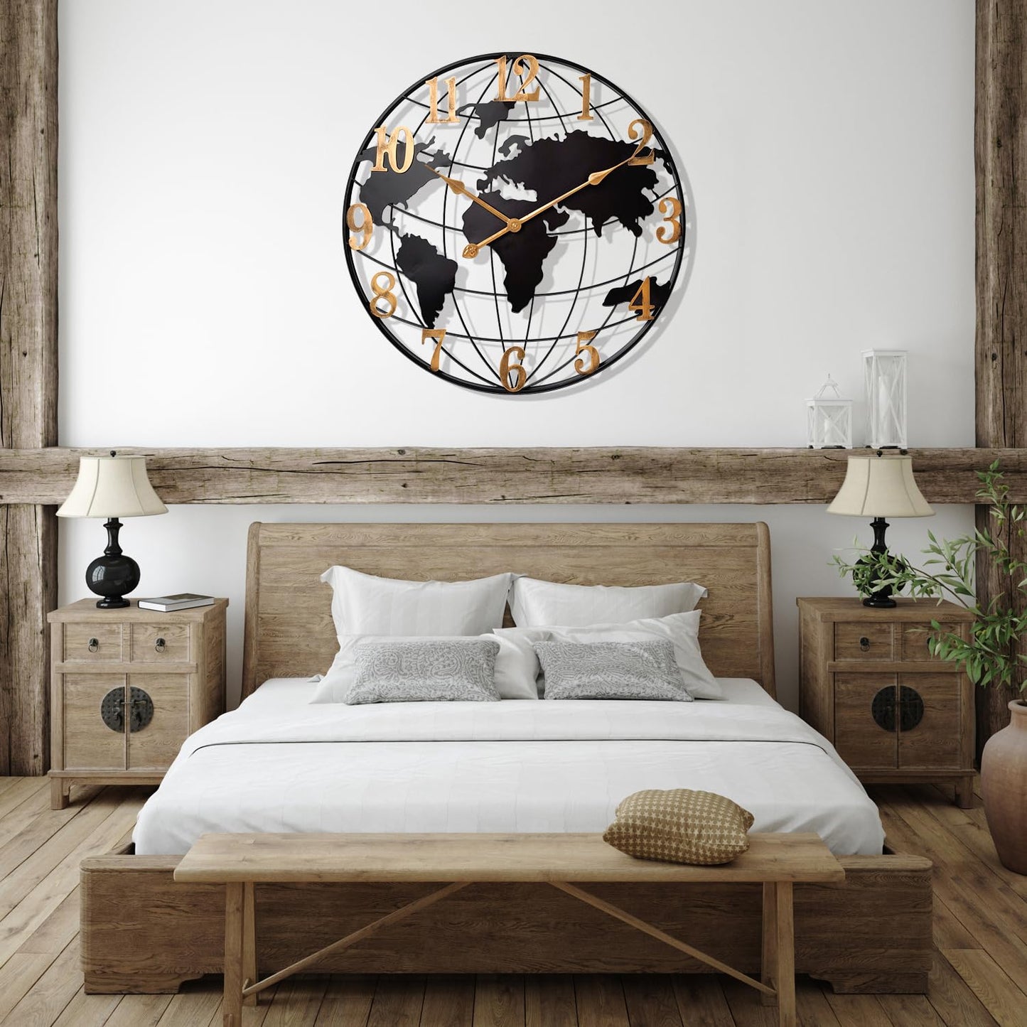 Large World Map Wall Clock, Metal Minimalist Modern Clock,Round Silent Non-Ticking Battery Operated Wall Clocks for Living Room/Home/Kitchen/Bedroom/Office/Farmhouse Decor (24 Inch)