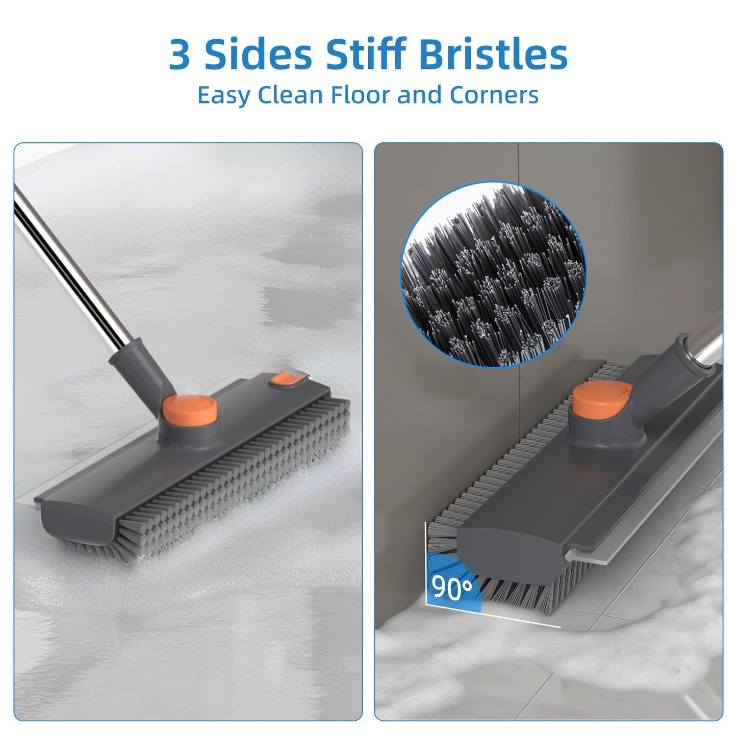 Scrub Brush with Long Handle, Floor Scrub Brush Squeegee Broom for Cleaning, 3 in 1 Shower Scrubber Floor Broom Squeegee for Concrete Tile Wall Deck Patio White