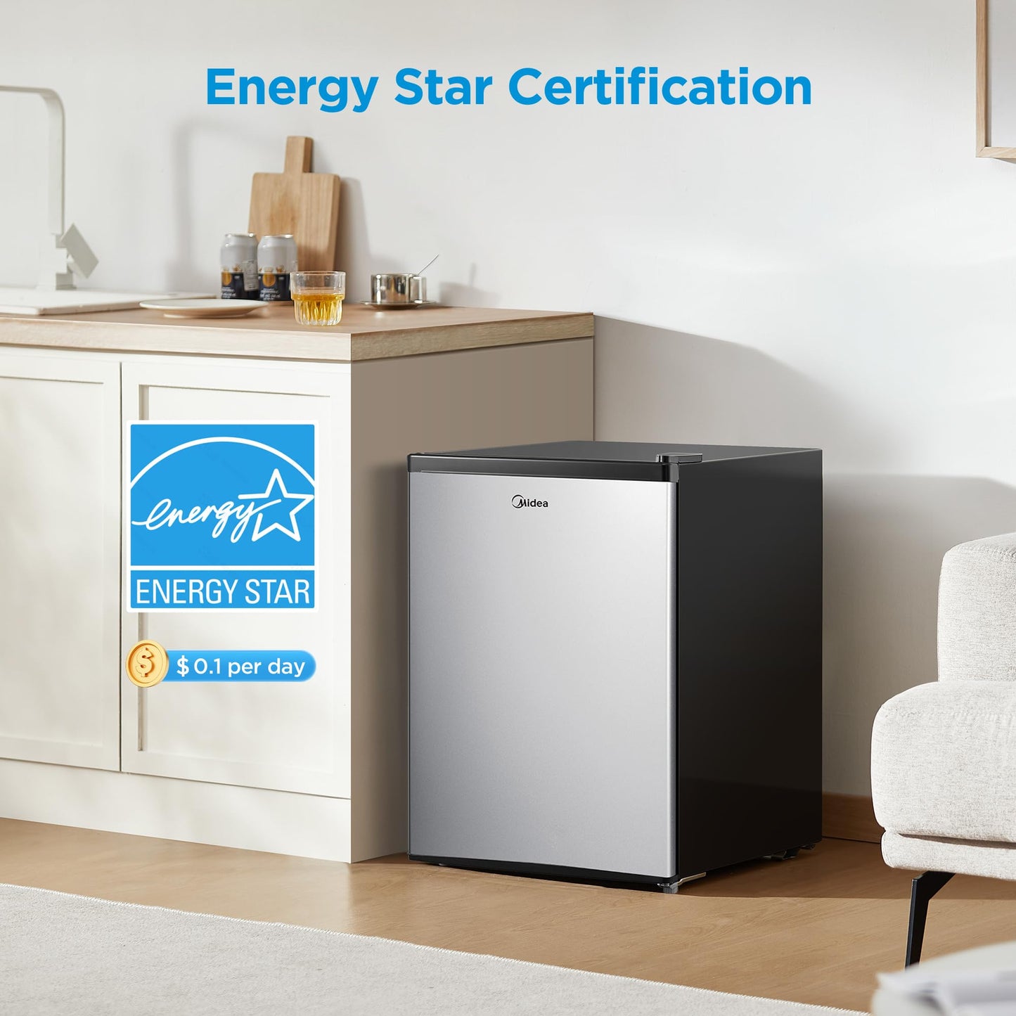 Midea WHS-65LB1 Mini Fridge, 1.6 Cu.ft Energy Star Certified Mini Refrigerator, Adjustable Thermostat, Reversible Door, Low Noise for Dorm, Office, Bedroom, Black