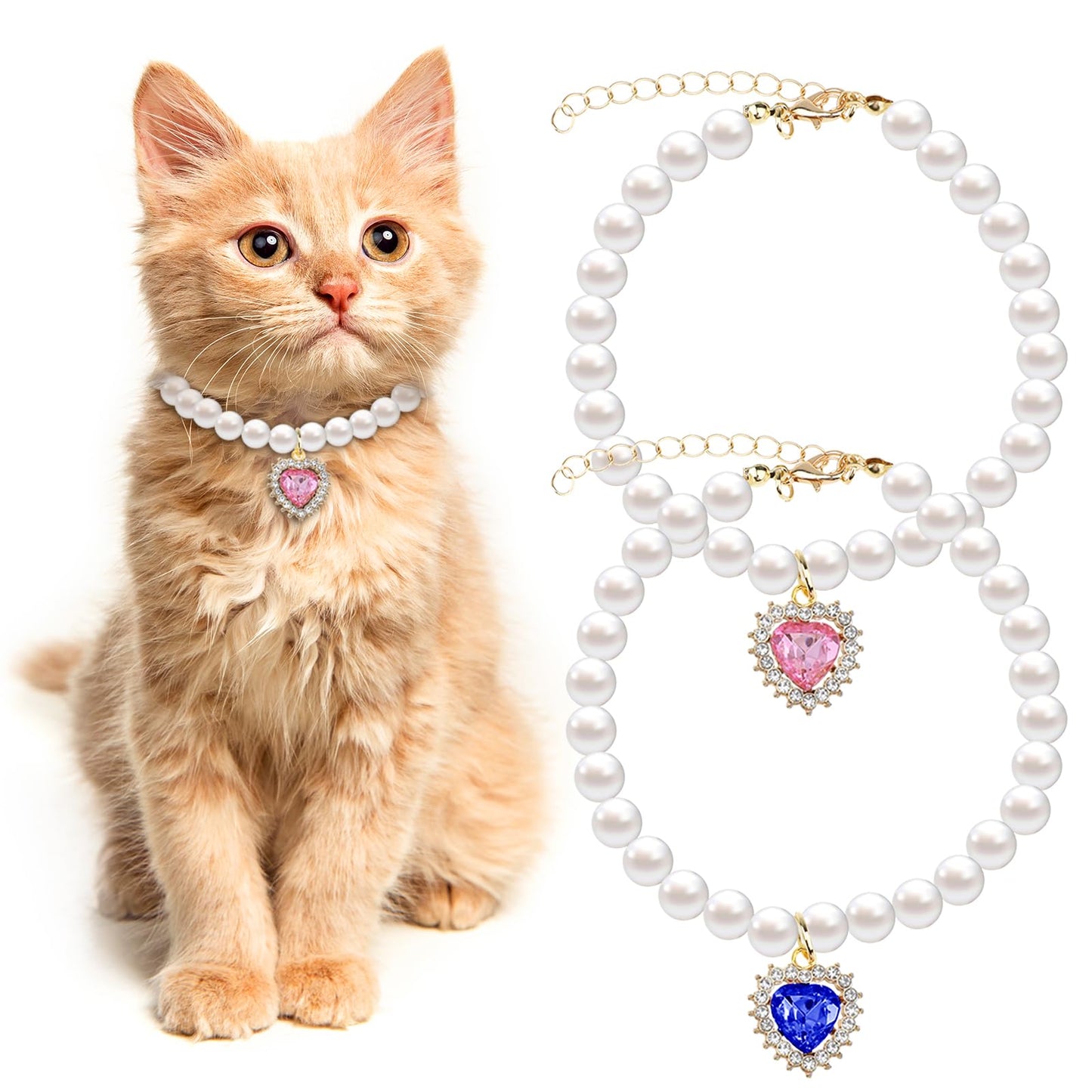Tyqour 2pcs Cute Girl Cat Collar, Pearl Cat Dog Collar with Small Heart Shape Rhinestone for Small Dogs and Cats Adjustable Fancy Dog Pearl Necklace Collars, Pink Heart + White Heart