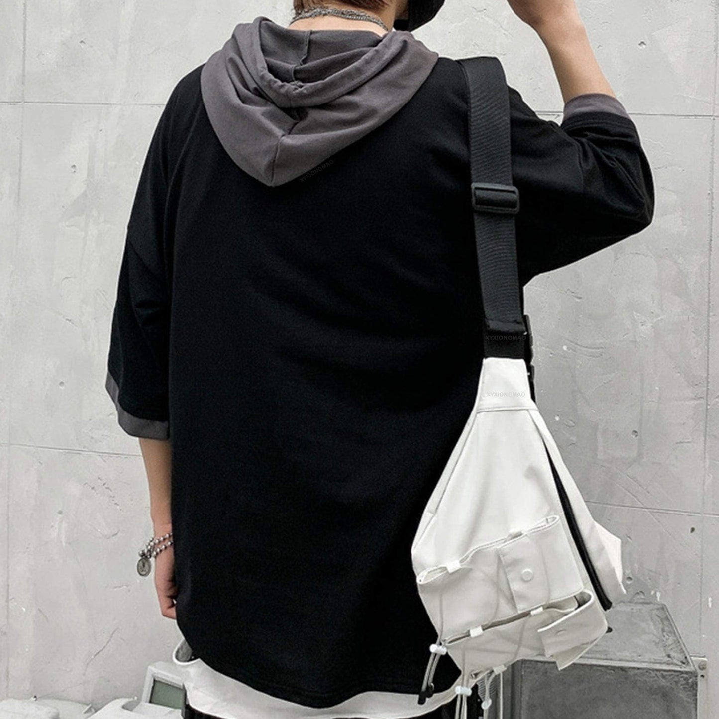 XYXIONGMAO Hooded T-Shirt Loose Large Pockets Colorblock Hoodie Unisex Streetwear Techwear Tee Shirts for Men