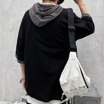 XYXIONGMAO Hooded T-Shirt Loose Large Pockets Colorblock Hoodie Unisex Streetwear Techwear Tee Shirts for Men