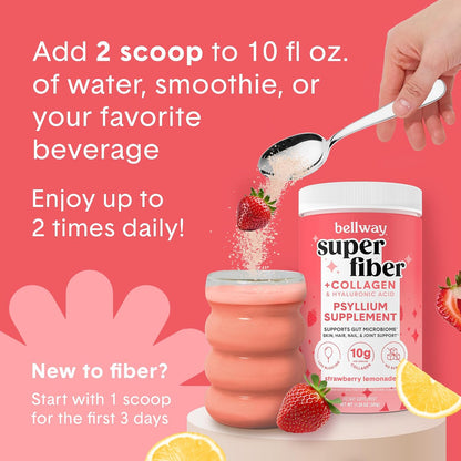 Bellway Super Fiber Powder + Collagen, Sugar-Free Psyllium Husk Powder with Collagen Peptides and Hyaluronic Acid for Gut Health, Healthy Skin, Nails, Bones & Joints, Strawberry Lemonade (20 Servings)