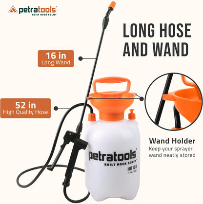 Petratools 1 Gallon Pump Sprayer – HD101 Garden Sprayer for Weeds, Lawn Care & Pesticides – 52” Long Hose, 2 Nozzles & Easy Carry Handle – Durable & Lightweight