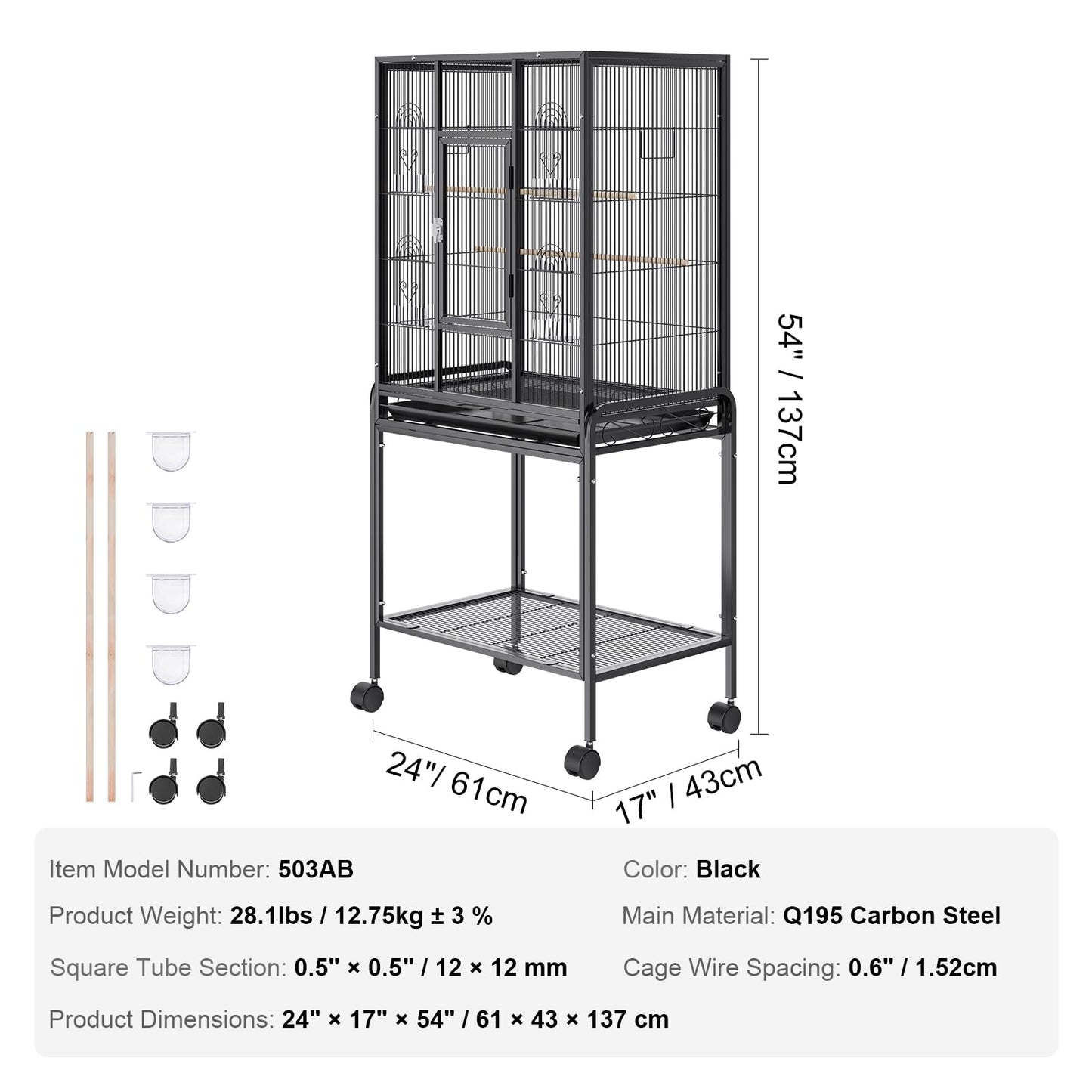 VEVOR Bird Cage, 24.6 x 16.7 x 53.9 inch, Flat Top, Wrought Iron Bird Flight Cage with Perches, Slide-Out Tray and Plastic Feeders, Casters, for Parrot, Blue Tit, Cockatiel, Canary, Budgerigar, Conure