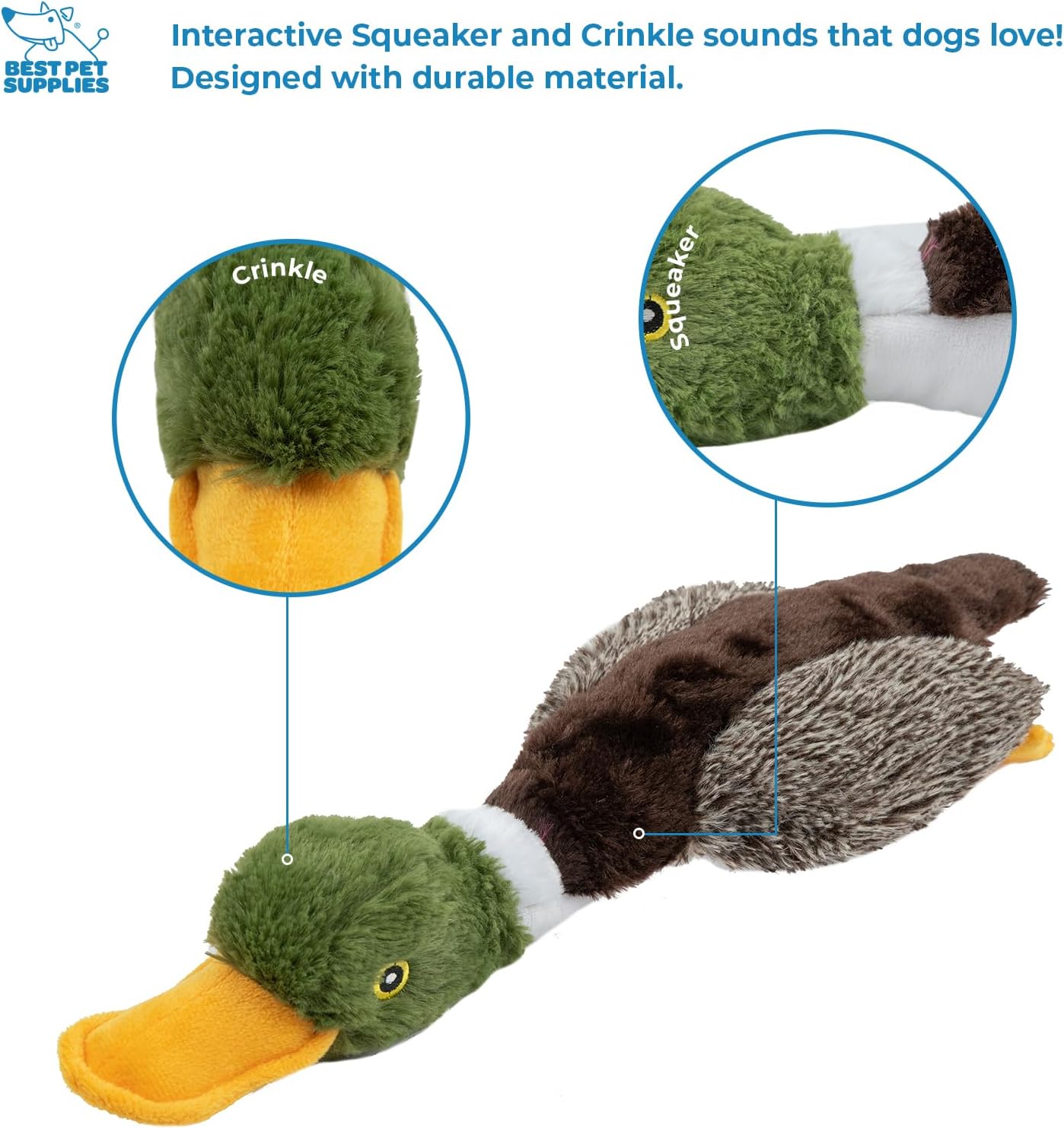 Best Pet Supplies Interactive Squeaky Dog Chew Toy, Ideal Dog Toys for Chewers, Small, Medium & Large Dogs, and Fetch Lovers - Crinkle Duck (Yellow), Large