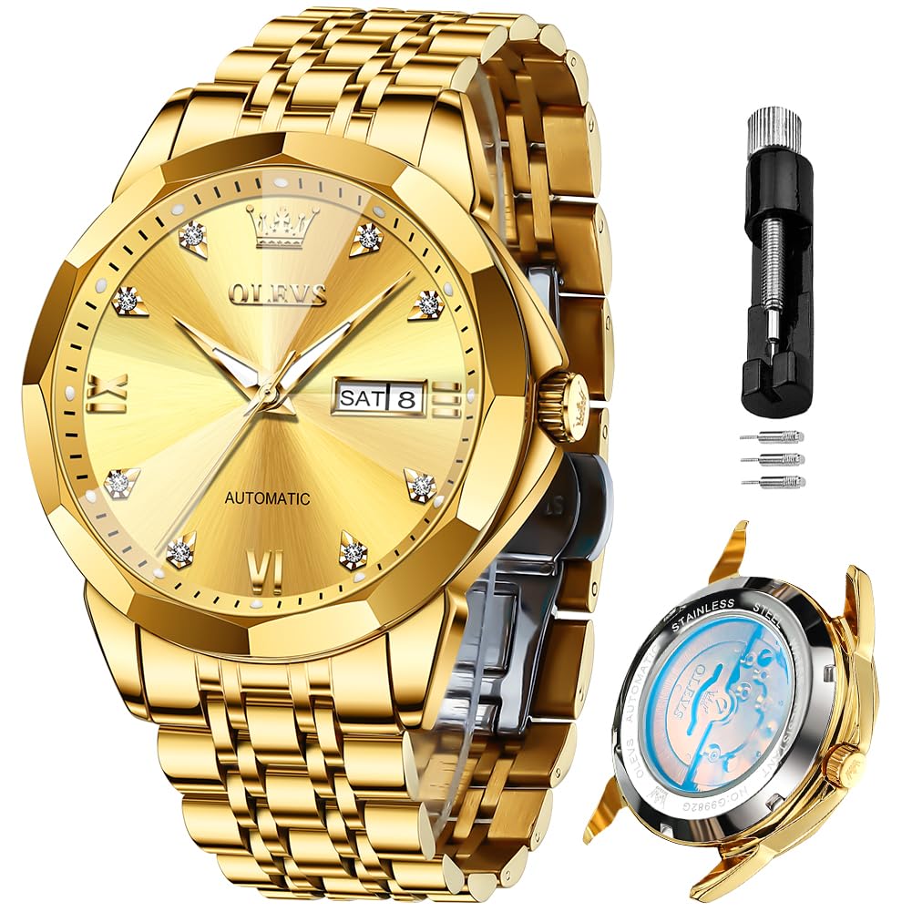 OLEVS Skeleton Men Watches Automatic Business Luxury Diamond Self Winding Watch for Men Stainless Steel Calendar Wrist Watch