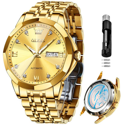 OLEVS Skeleton Men Watches Automatic Business Luxury Diamond Self Winding Watch for Men Stainless Steel Calendar Wrist Watch
