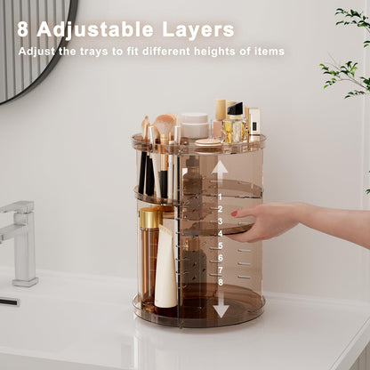 Rotating Makeup Organizer, DIY 8 Adjustable Layers Spinning Skincare Storage, Cosmetic Display Case with Brush Holder and Perfume Tray, Multi-Function Vanity Bathroom Countertop Organizer Black