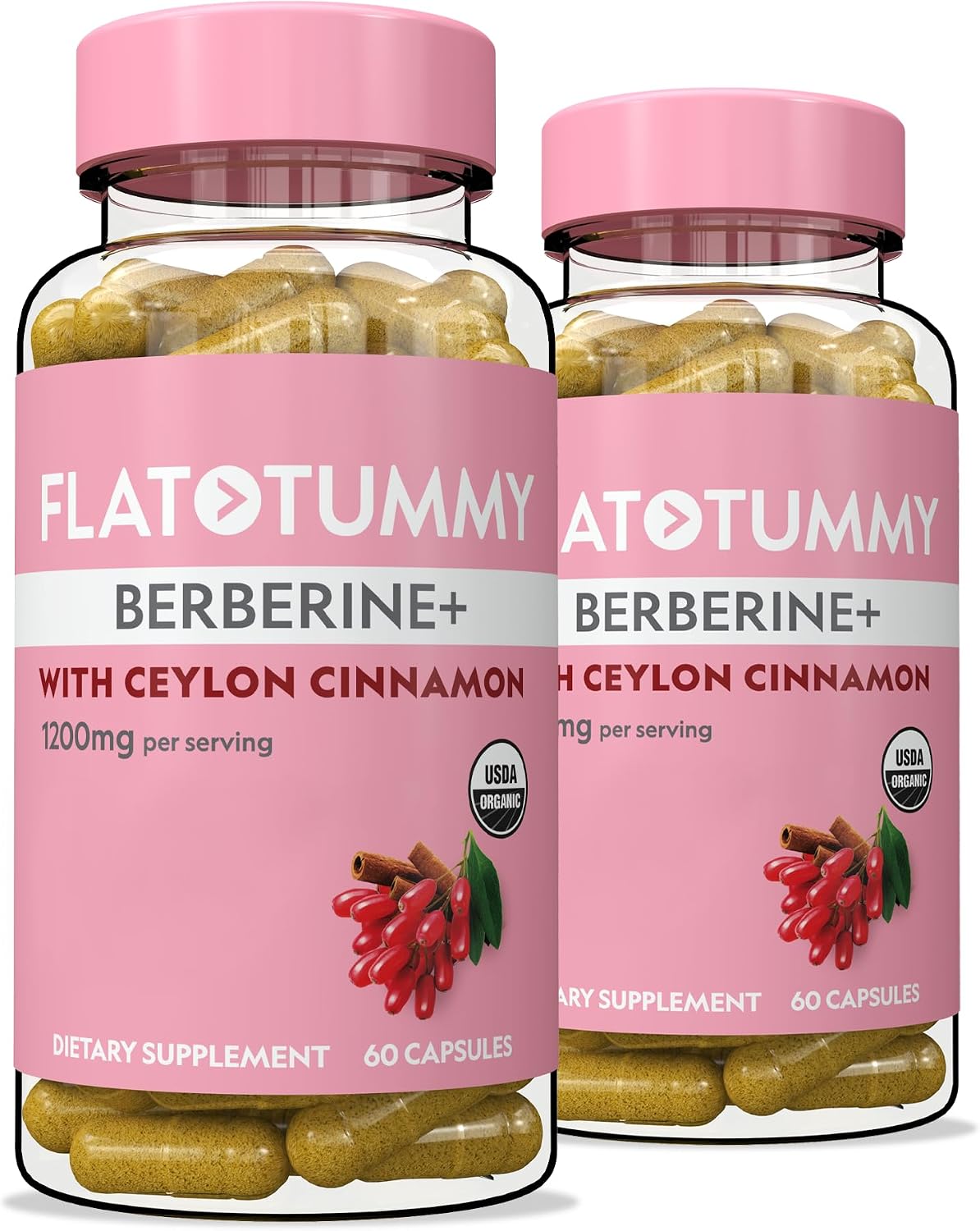 Flat Tummy Berberine Plus Supplement, 1200mg Berberine Per Serving, Post GLP-1 Berberine Supplement, Organic Berberine with Ceylon Cinnamon, 4:1 Potency – 60 Capsules (Pack of 2)