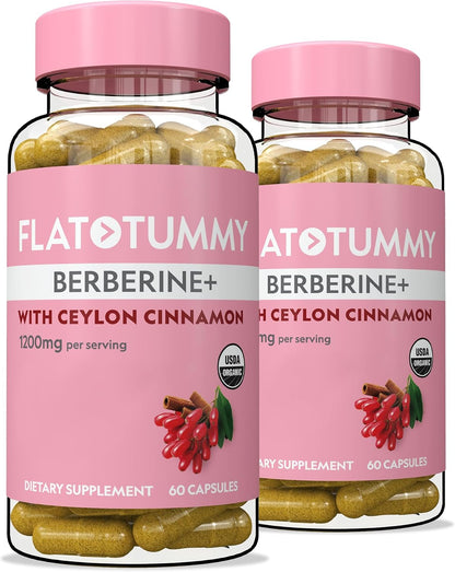 Flat Tummy Berberine Plus Supplement, 1200mg Berberine Per Serving, Post GLP-1 Berberine Supplement, Organic Berberine with Ceylon Cinnamon, 4:1 Potency – 60 Capsules (Pack of 2)