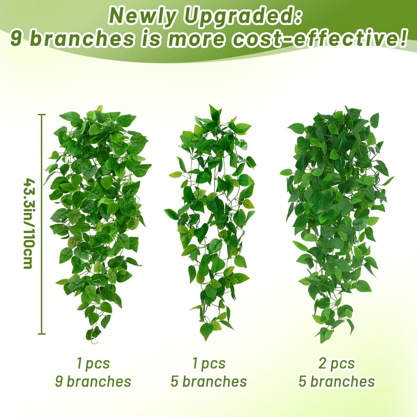 BLEUM CADE Fake Hanging Plants, 2pcs Artificial Pothos Vines Faux Plants Greenery for Wall Home Living Room Office Indoor Outdoor Decor (No Baskets)
