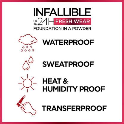 L'Oreal Paris Makeup Infallible Fresh Wear Foundation in a Powder, Up to 24H Wear, Waterproof, Vanilla, 0.31 oz. (Packaging May Vary)
