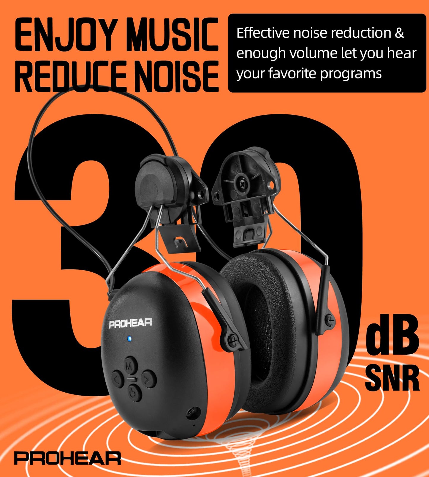 PROHEAR 037 Bluetooth 6.0 Hearing Protection Headphones with Rechargeable 1500mAh Battery, 30dB SNR Safety Noise Reduction Ear Muffs 120H Playtime for Mowing, Workshops, Snowblowing - Black