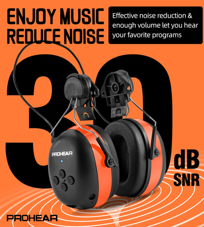 PROHEAR 037 Bluetooth 6.0 Hearing Protection Headphones with Rechargeable 1500mAh Battery, 30dB SNR Safety Noise Reduction Ear Muffs 120H Playtime for Mowing, Workshops, Snowblowing - Black
