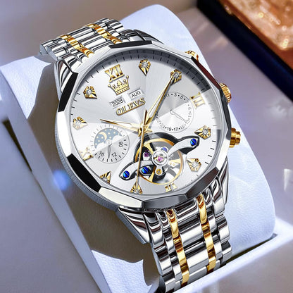 OLEVS Skeleton Men Watches Automatic Business Luxury Diamond Self Winding Watch for Men Stainless Steel Calendar Wrist Watch