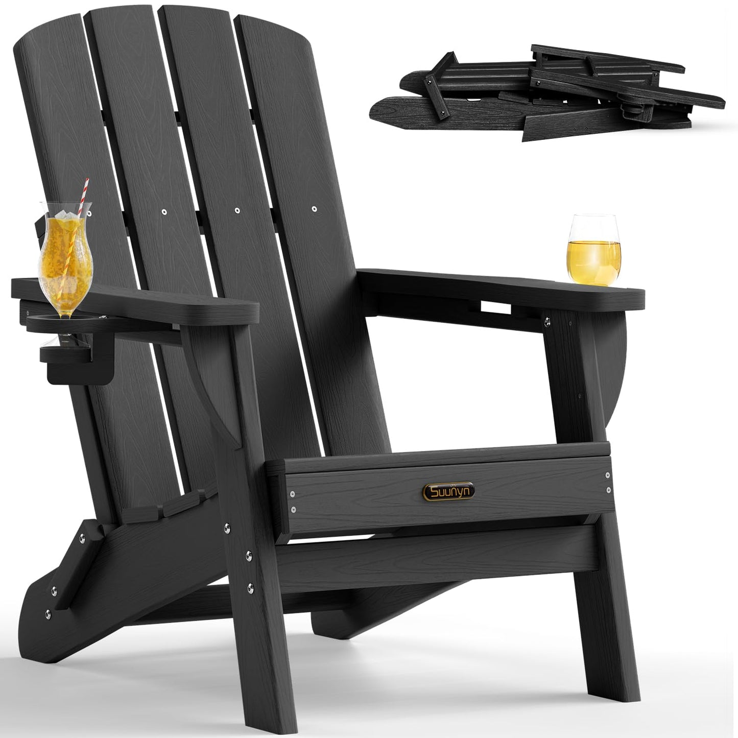 Folding Adirondack Chair, HDPE Adirondack Chairs with 2 Cup Holder, Plastic All-Weather Fire Pit Chairs, Outdoor Lawn Chair for Patio Garden (Grey)