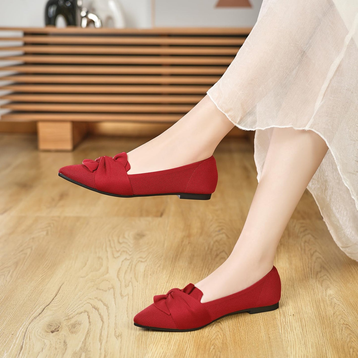 HIULYCENCE Flats for Womens Pointed Toe Ballet Flats with Bow Comfortable Knit Dressy Flats