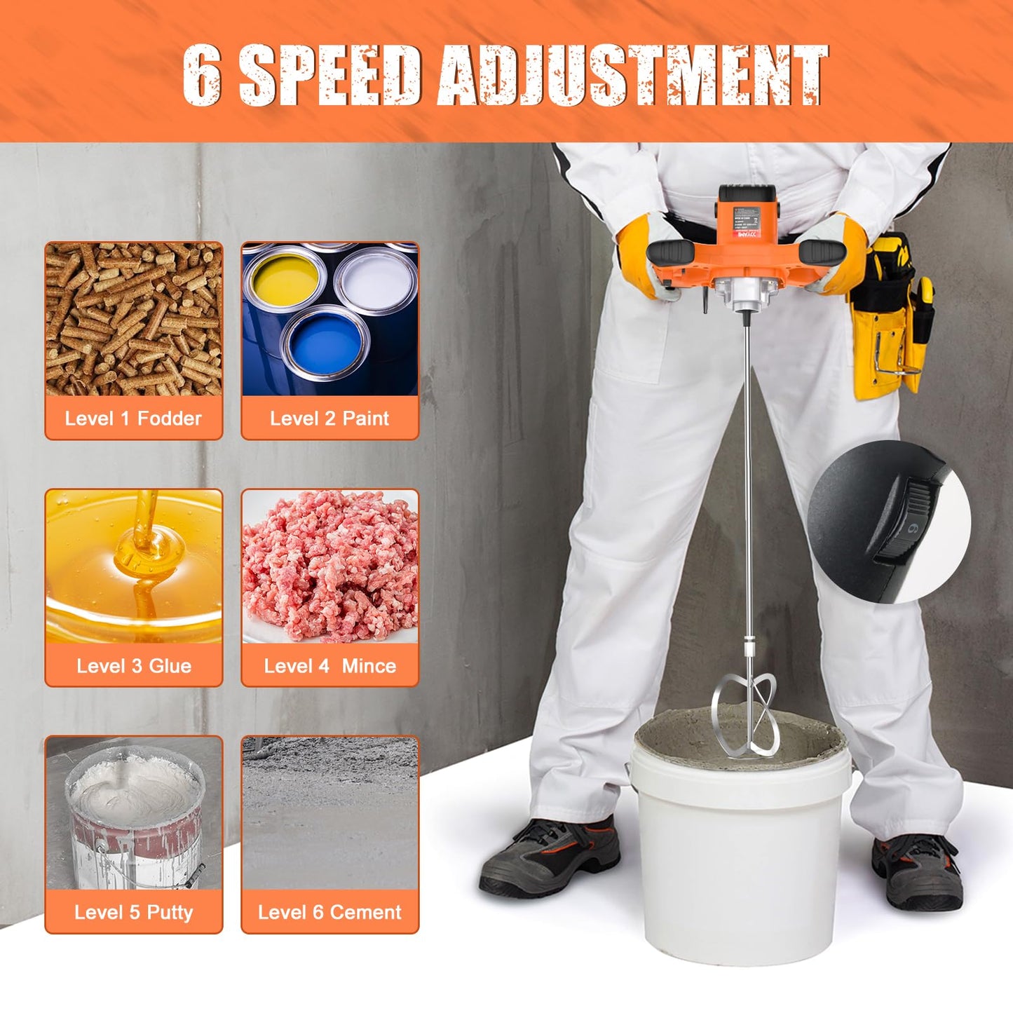IMAYCC Handheld Cement Mixer, Portable Concrete Mixer,110V 6 Speed Mixing Drill, 2100W Drill Mixer for mud,Motar,Paint, Grout, Plaster,Thinset etc.