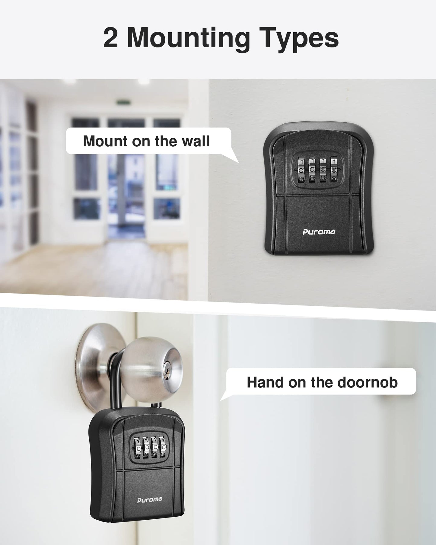 Puroma Key Lock Box, Portable Combination Lockbox Wall-Mounted Key Storage Box for House Keys, Resettable Code Safe Security Lock Box for Home, Office, Apartment Spare Key Storage (1 Pack, Gray)