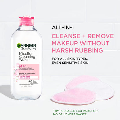Garnier Micellar Water, Hydrating Facial Cleanser & Makeup Remover, Suitable for Sensitive Skin, Vegan, Cruelty Free, 13.5 Fl Oz (400mL), 1 Count