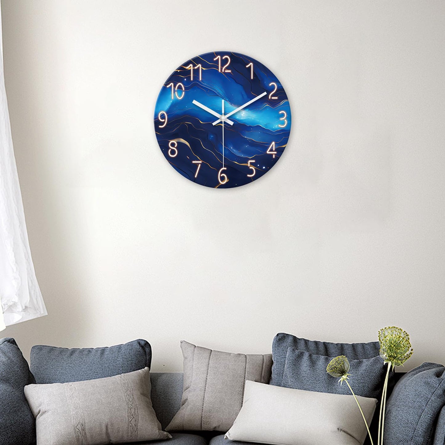 White Marble Glass Wall Clocks Battery Operated 12 Inch Abstract Decorative Analog Wall Clocks for Living Room Bedroom Office Silent Wall Clock Modern