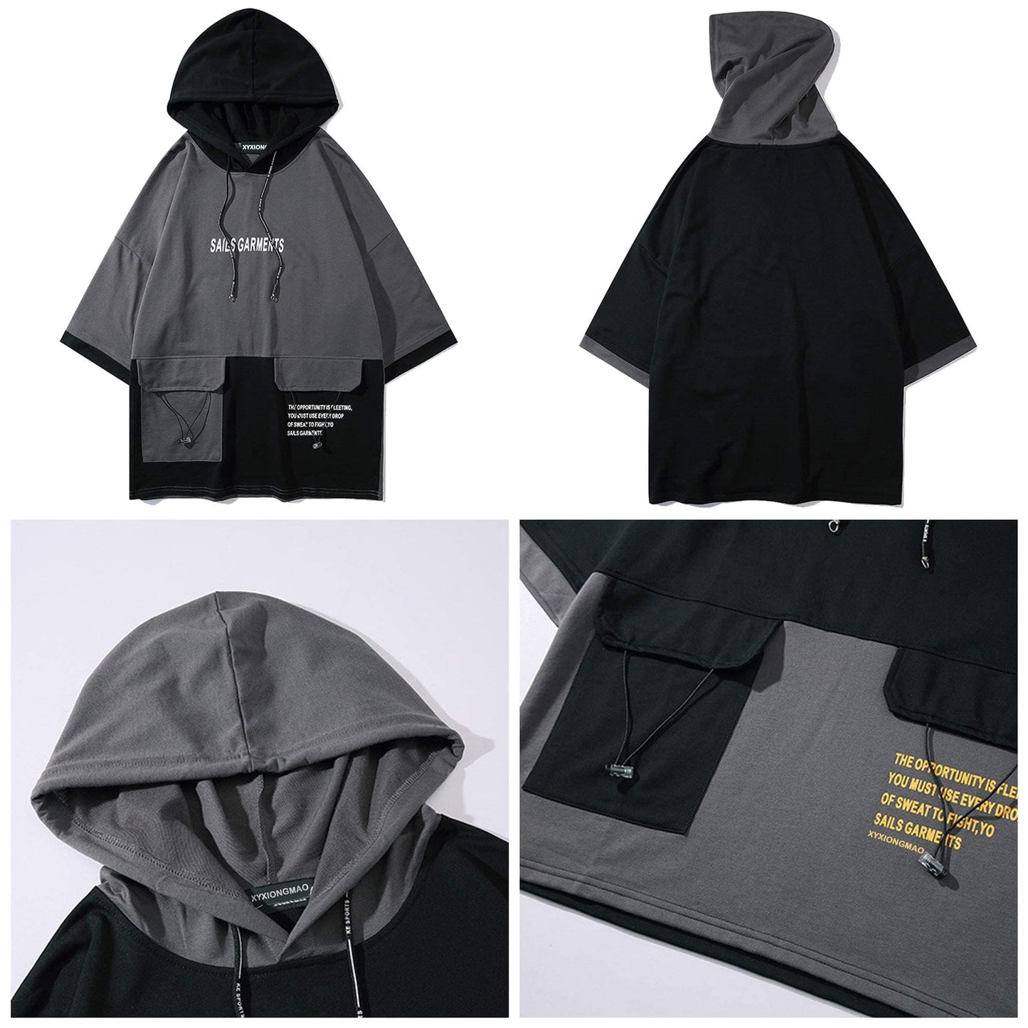 XYXIONGMAO Hooded T-Shirt Loose Large Pockets Colorblock Hoodie Unisex Streetwear Techwear Tee Shirts for Men