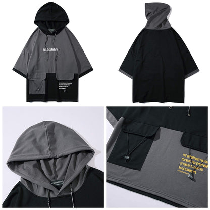 XYXIONGMAO Hooded T-Shirt Loose Large Pockets Colorblock Hoodie Unisex Streetwear Techwear Tee Shirts for Men