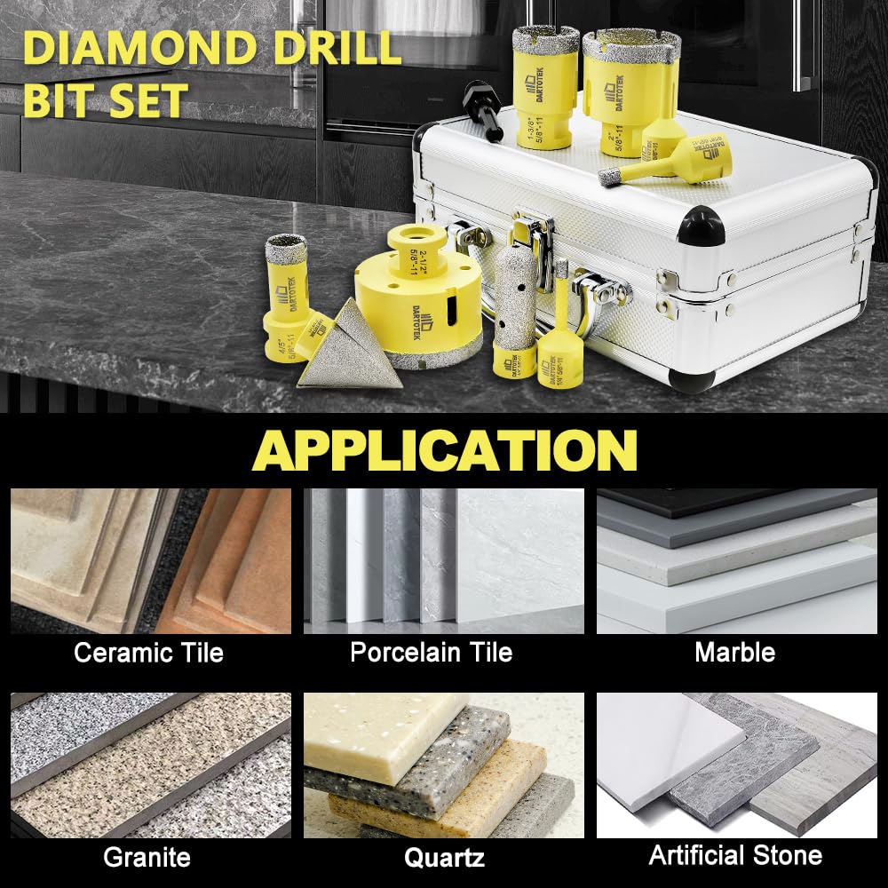 Diamond Core Drill Bits Set for Tile, DARTOTEK 10PCS Porcelain Hole Saw Kit with Aluminum Case, (6/6/8/20/35/50/65mm+2" Chamfer bit +SDS Adapter, Dry/Wet Drilling for Ceramic, Granite & Marble