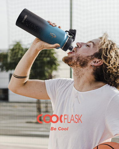 Half Gallon Water Bottle Insulated with Straw & 3 Lids, Coolflask 64 oz Water Jug Large Metal Stainless Steel Wide Mouth for Sports, Gym or Office, Non-BPA Keep Cold 48H Hot 24H, Samurai Cyan