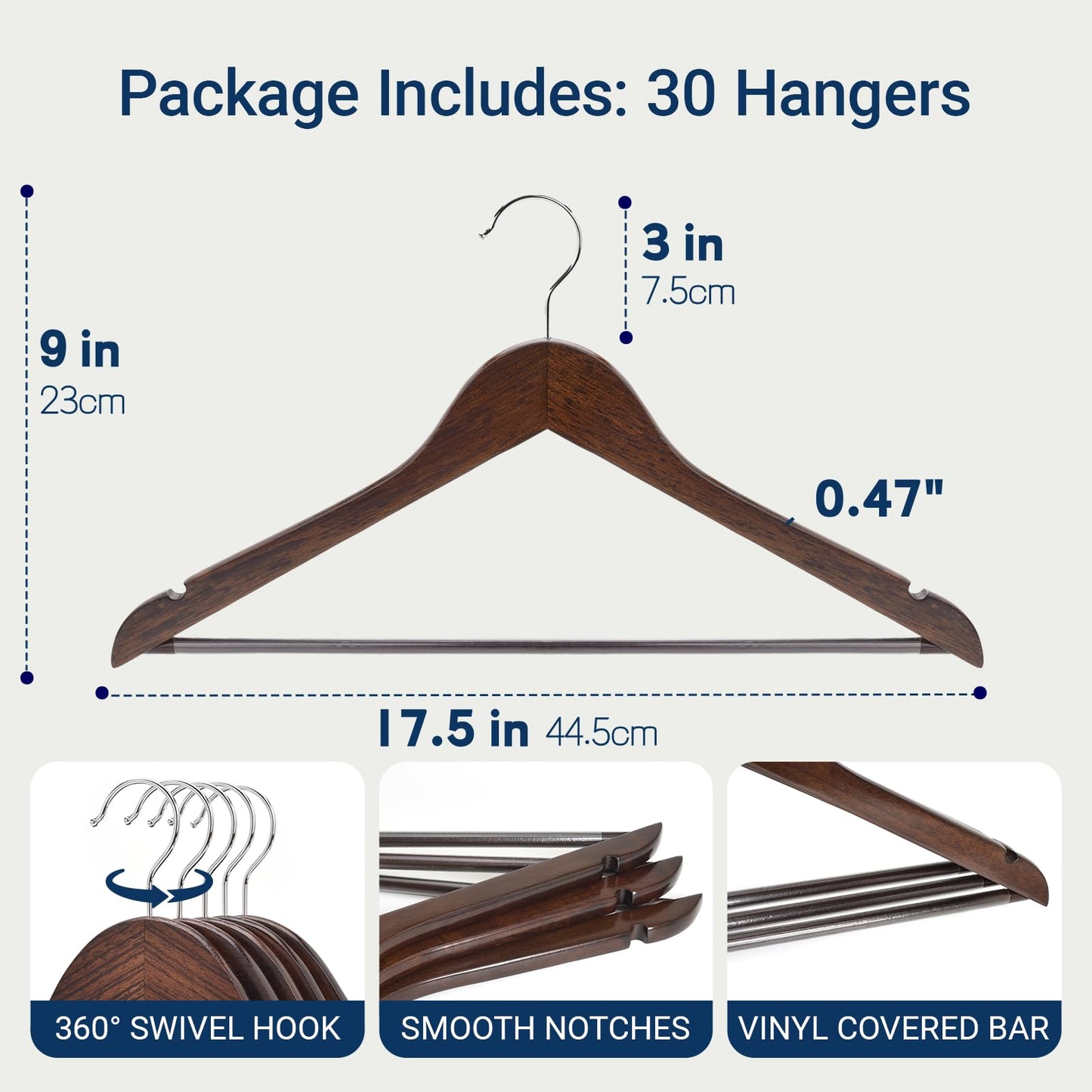 Amber Home 30 Pack Wooden Coat Hangers, Natural Wood Suit Hangers with Non-Slip Pant Bar, Clothes Hangers for Closet Organization, Shirts, Jackets, Dresses, and Pants (Natural, 30)