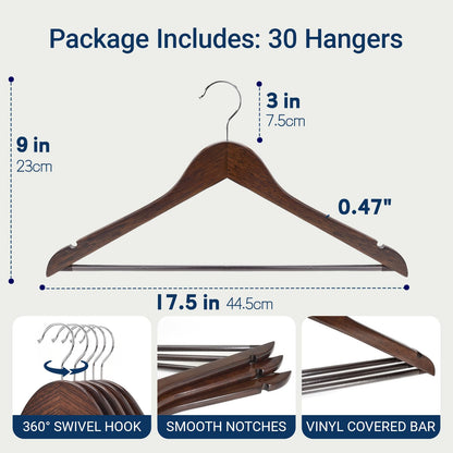 Amber Home 30 Pack Wooden Coat Hangers, Natural Wood Suit Hangers with Non-Slip Pant Bar, Clothes Hangers for Closet Organization, Shirts, Jackets, Dresses, and Pants (Natural, 30)