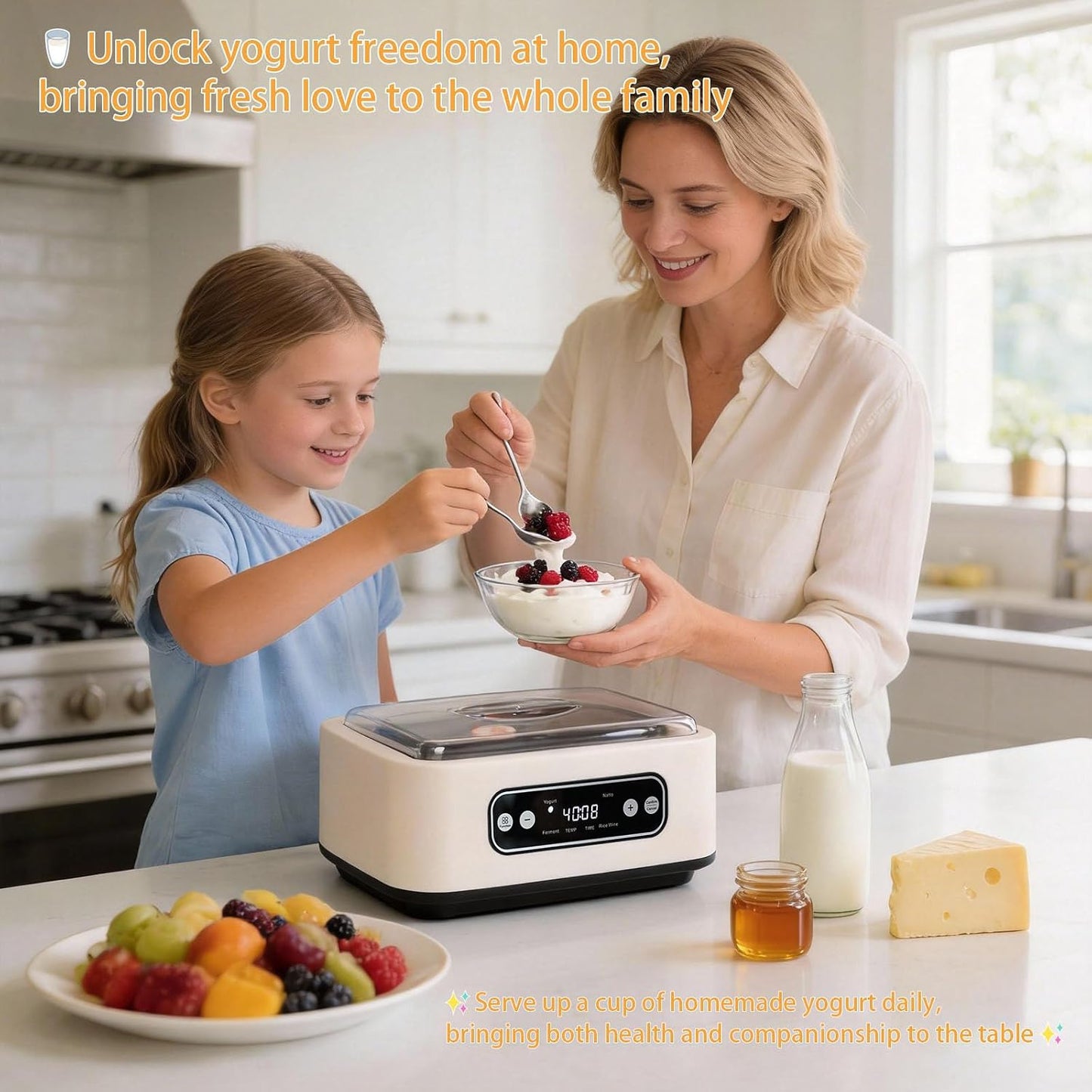 Yogurt Maker，with Timer and Temperature Control, Auto-Shutoff Feature, 1.6-Liter Stainless Steel Inner Pot + 9 Dishwasher-Safe Jars—Easily Make Fresh Probiotic Yogurt and Enjoy Natural Health