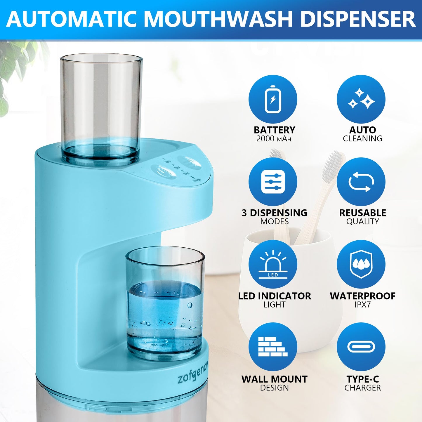 ZOFGENOW Automatic Mouthwash Dispenser for Bathroom,Bathroom Accessories 19.4 Fl Oz Dispensers with Magnetic Cups,Wall Mounted Dispenser,Suitable for All Age Groups,White