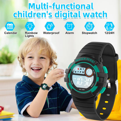 DTKID Digital Kids Watch 30 M Waterproof, 7 Color Lights Time Teaching Watch Easy to Read for Girls Boys 5-16