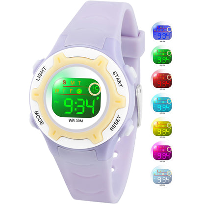 DTKID Digital Kids Watch 30 M Waterproof, 7 Color Lights Time Teaching Watch Easy to Read for Girls Boys 5-16