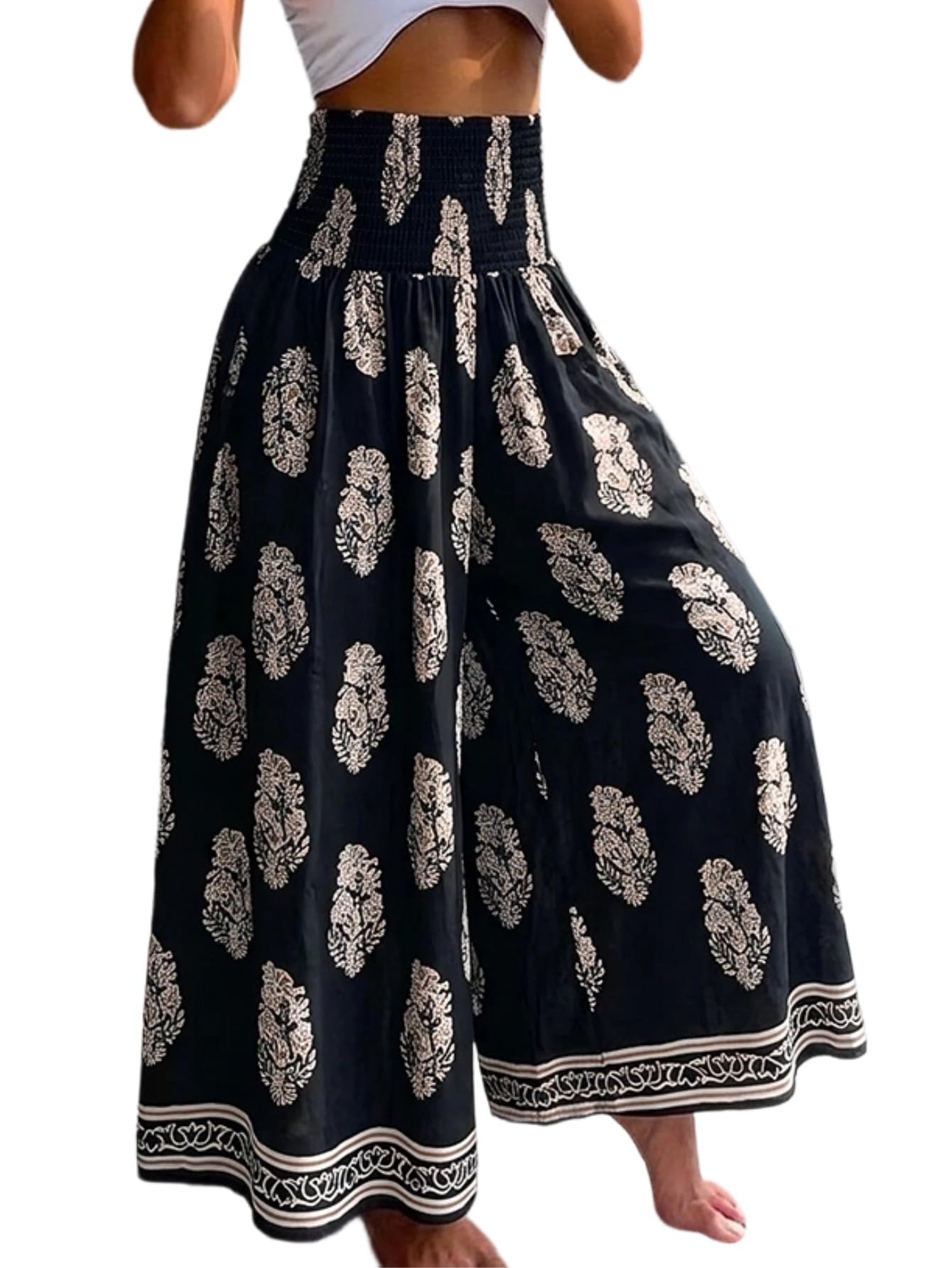 CHICME Boho Floral Shirred High Waisted Wide Leg Pants Flowy Palazzo Pants Summer Beach Vacation Wear