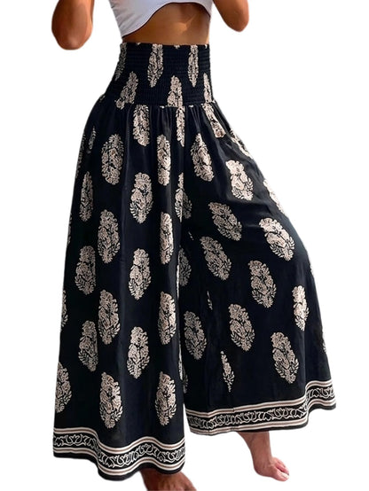 CHICME Boho Floral Shirred High Waisted Wide Leg Pants Flowy Palazzo Pants Summer Beach Vacation Wear