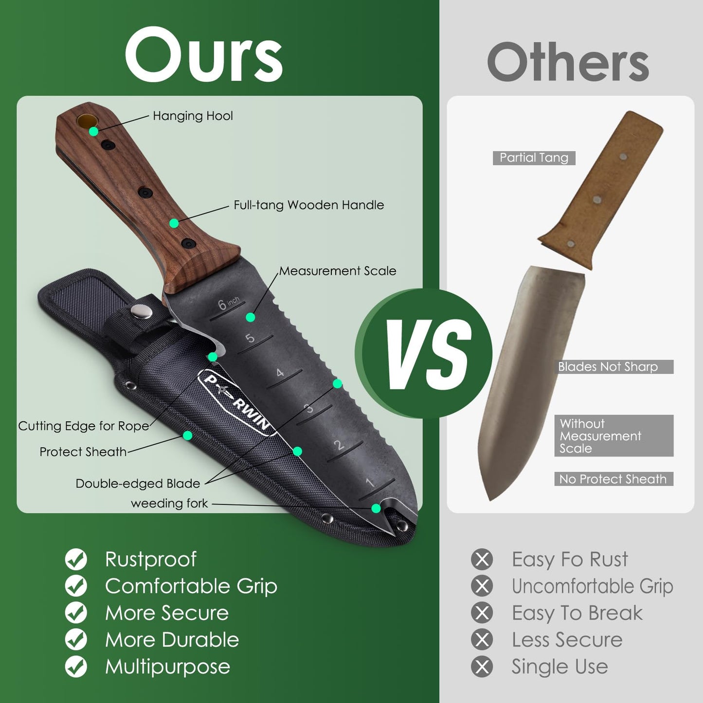PERWIN Hori Hori Garden Knife, Garden Tools with Sheath for Weeding, Planting, Digging, 7" Stainless Steel Blade with Cutting Edge, Full-Tang Wood Handle with Hanging Hole