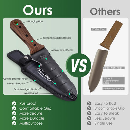 PERWIN Hori Hori Garden Knife, Garden Tools with Sheath for Weeding, Planting, Digging, 7" Stainless Steel Blade with Cutting Edge, Full-Tang Wood Handle with Hanging Hole