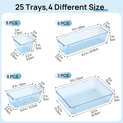 Vtopmart 25 PCS Clear Plastic Drawer Organizers Set, 4-Size Versatile Bathroom and Vanity Drawer Organizer Trays, Storage Bins for Makeup, Bedroom, Kitchen Gadgets Utensils and Office