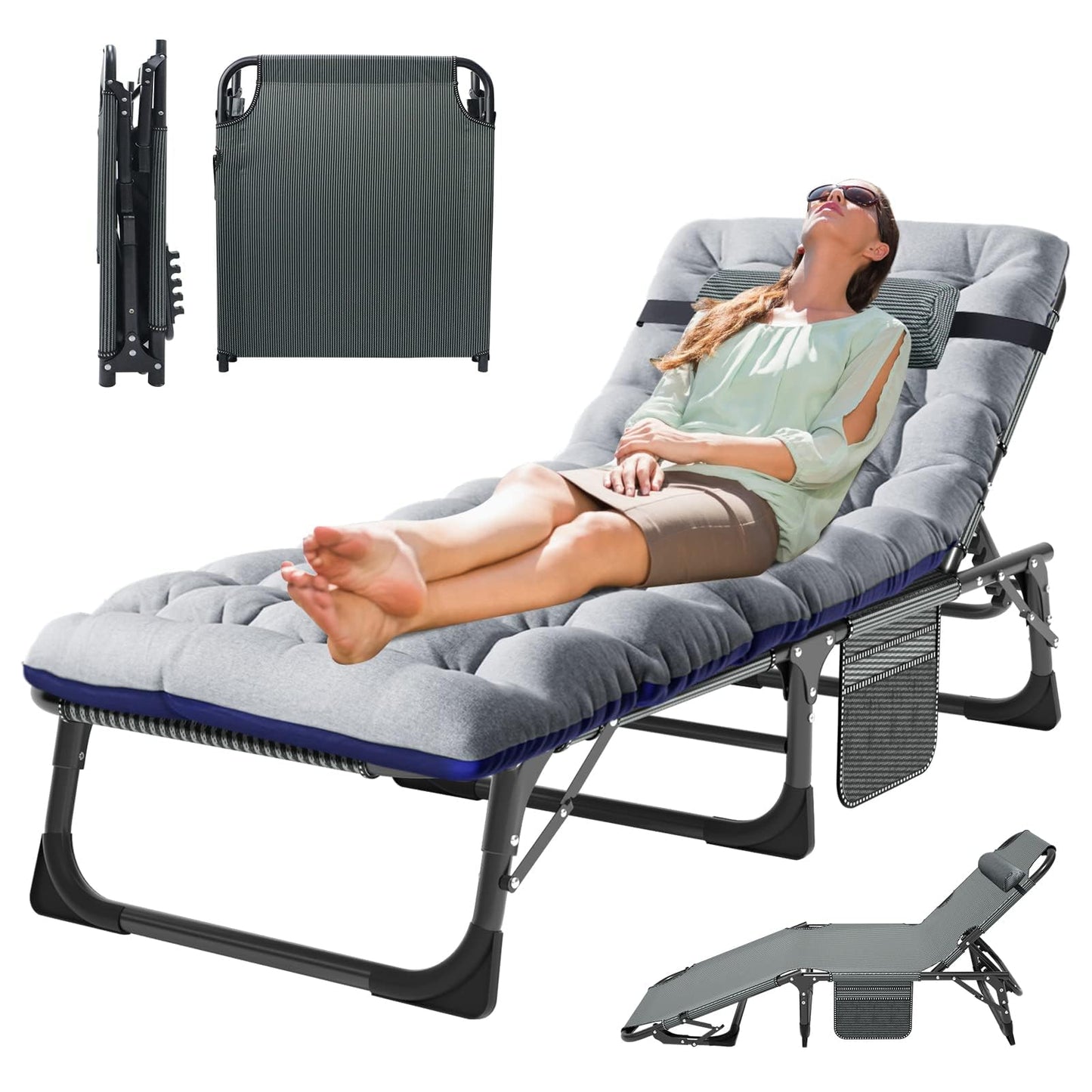 MOPHOTO Folding Lounge Chair 5-Position, Folding Cot, Portable Outdoor Chaise Lounge Chair for Sun Tanning, Perfect for Pool Beach Patio Sunbathing
