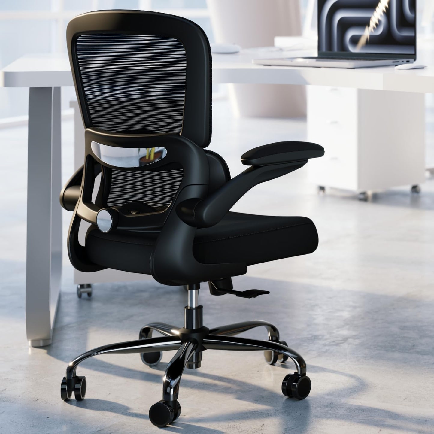 TRALT Ergonomic Office Chair - Desk Chair with Adjustable Lumbar Support Computer Chair - Mesh Comfy Chair with Flip-up Armrests - Gaming Chairs for Adults Home Office (Leather, White)