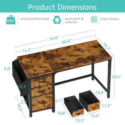 Lufeiya Computer Desk with File Drawers Cabinet, 47 Inch Reversible Home Office Desks with Filing Cabinet for Small Space, Gaming Study Writing Table PC Desks, Black