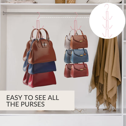 ZEDODIER 2 Pack Purse Organizer for Closet, Heavy-Duty Hanging Purse Hanger Closet Holds Up to 12 Purses, Metal Rotating Space Saving Bag Holder Handbag Storage Hook Backpack Rack, Silver