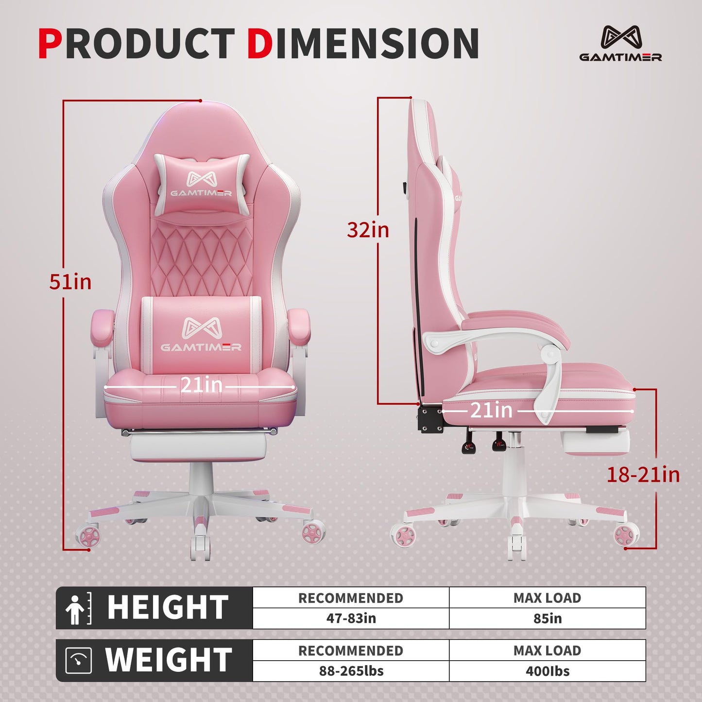 Gamtimer Gaming Chair with Footrest, Ergonomic Computer Chair, PU Breathable Material with Headrest and Lumbar Support, Suitable for Silla Gamer and Adults（Grey）