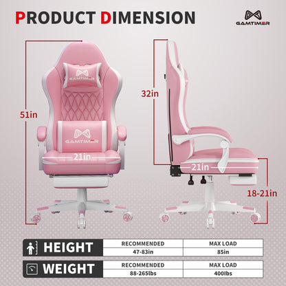 Gamtimer Gaming Chair with Footrest, Ergonomic Computer Chair, PU Breathable Material with Headrest and Lumbar Support, Suitable for Silla Gamer and Adults（Grey）